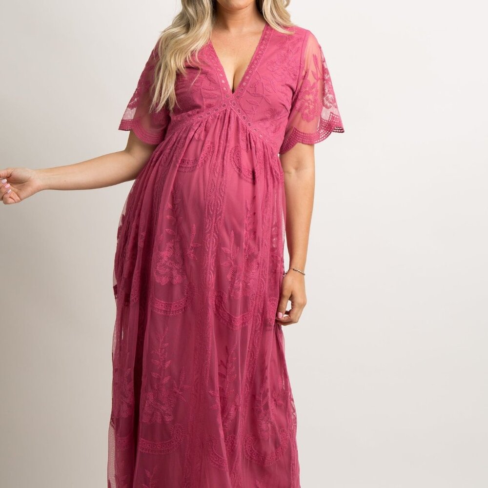 PinkBlush Magenta Lace Mesh Overlay Maternity Maxi Dress